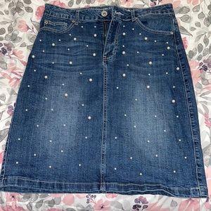 Pearl-studded Denim Midi Skirt